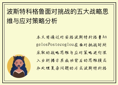 波斯特科格鲁面对挑战的五大战略思维与应对策略分析